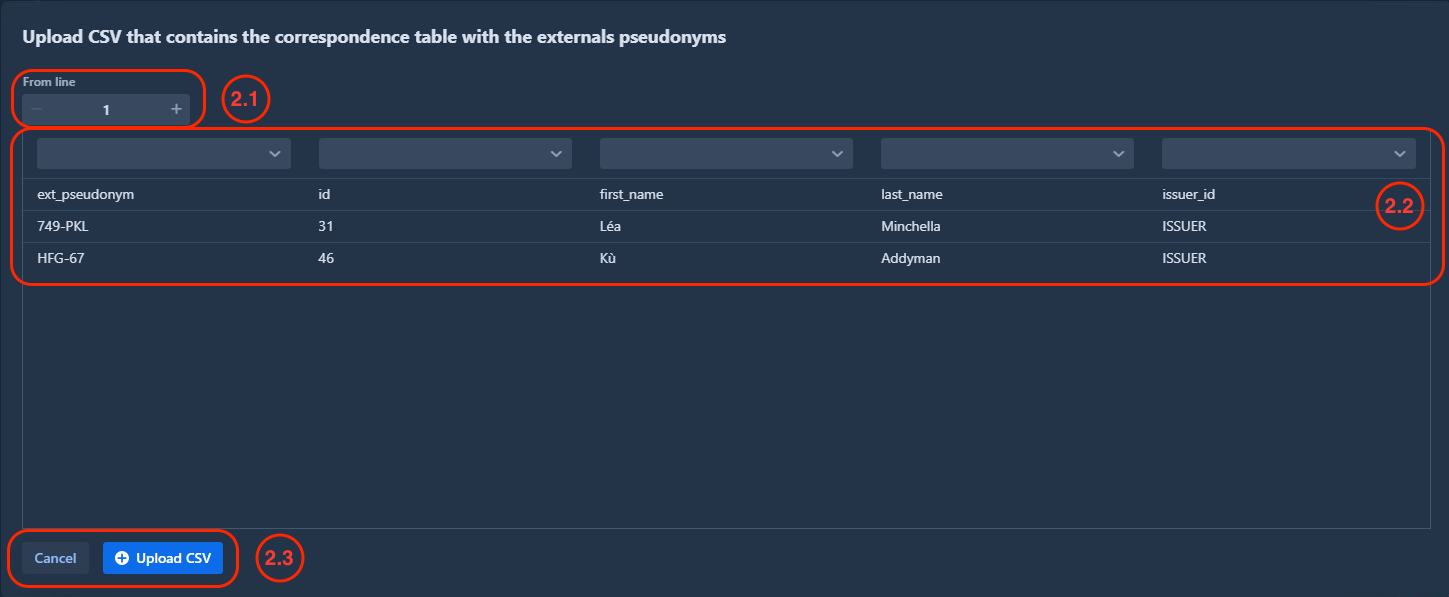 External pseudonym CSV dialog